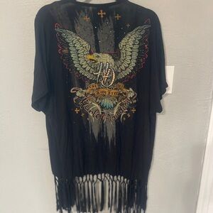 Harley-Davidson Women’s Fringe Kimono Cardigan Black Eagle Rhinestone Open Front